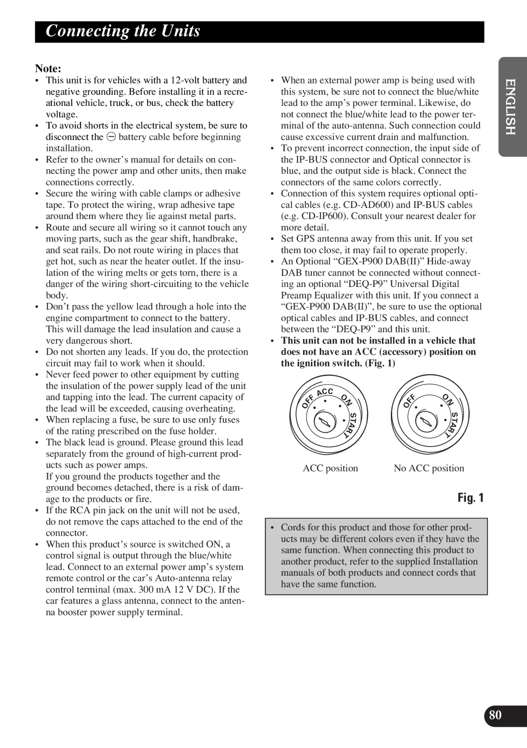 Pioneer DEX-P9R owner manual Connecting the Units, ACC position 