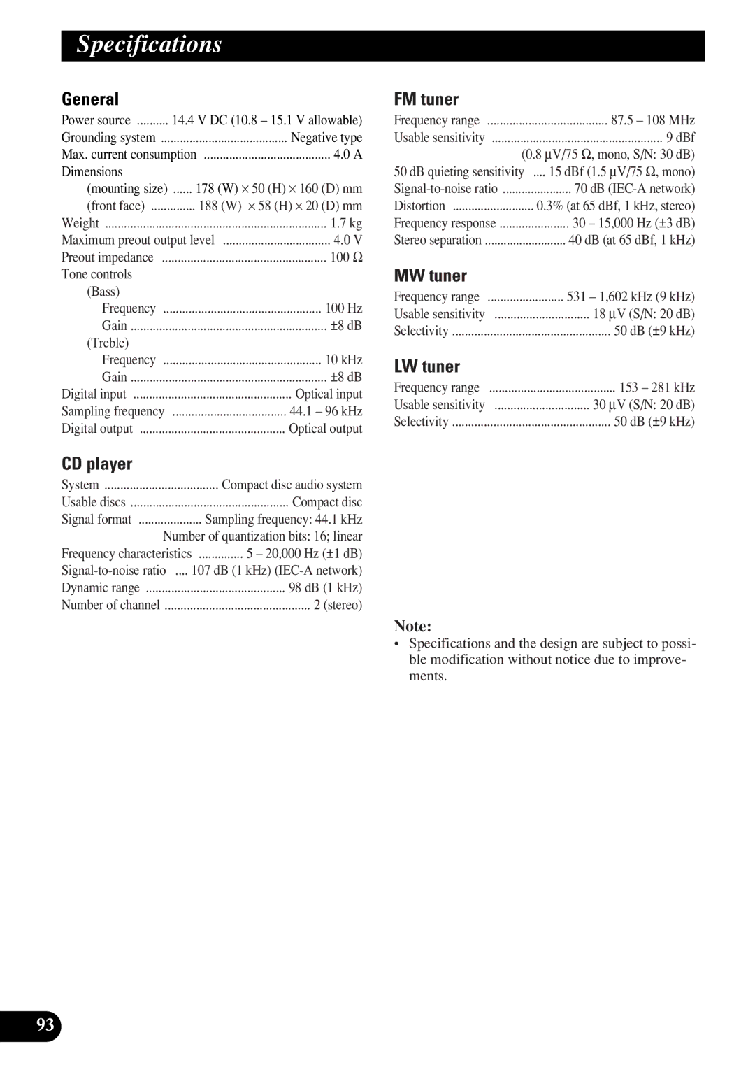 Pioneer DEX-P9R owner manual Specifications 