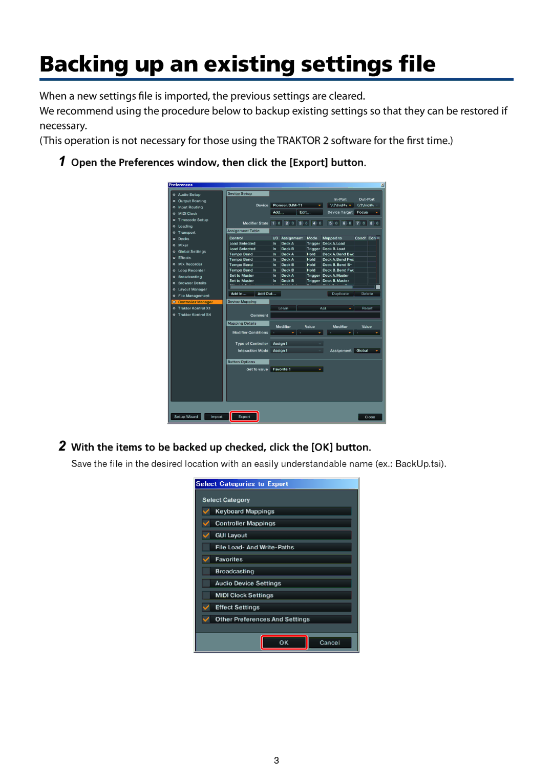 Pioneer DJ Mixer manual Backing up an existing settings file 