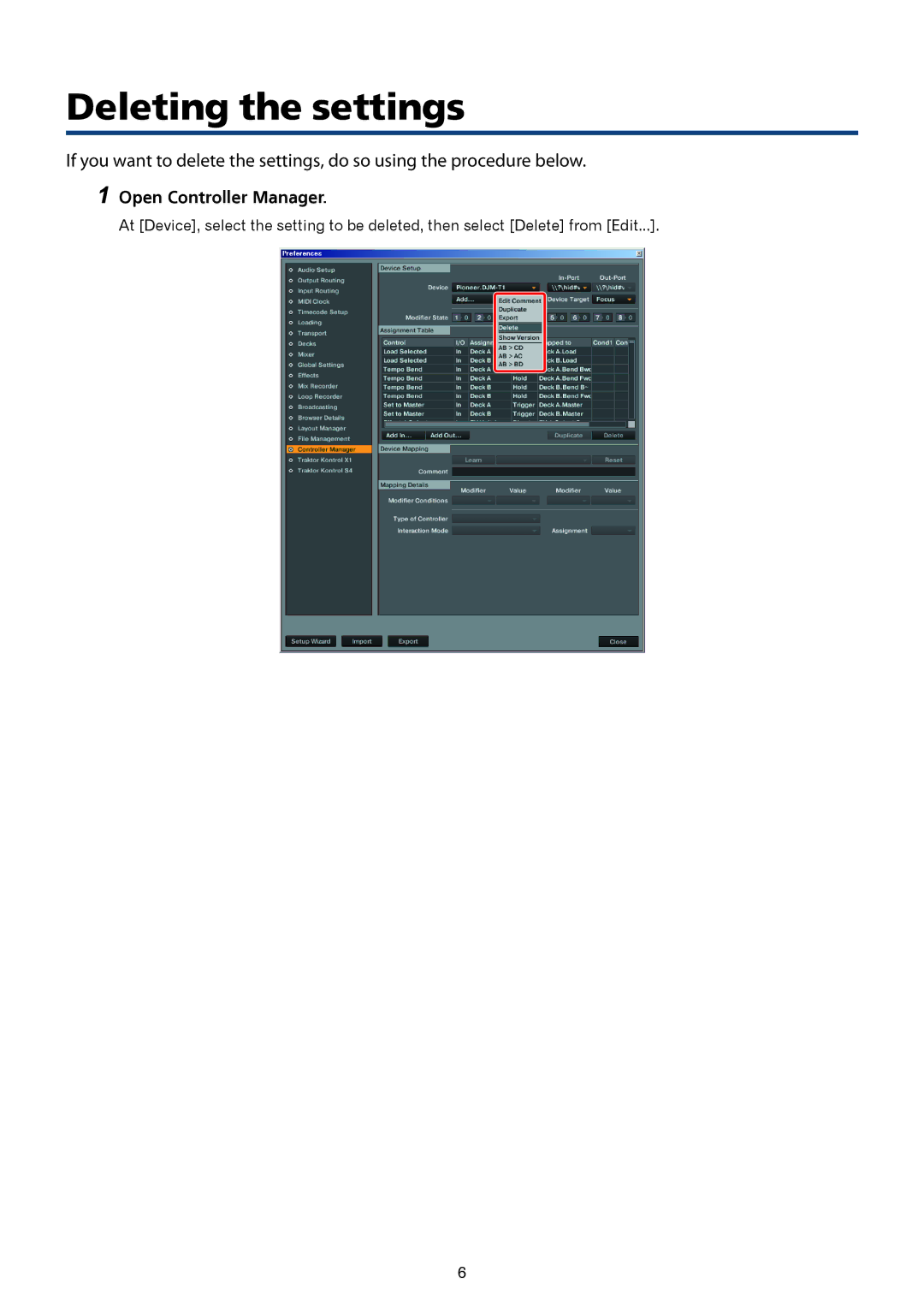 Pioneer DJ Mixer manual Deleting the settings 