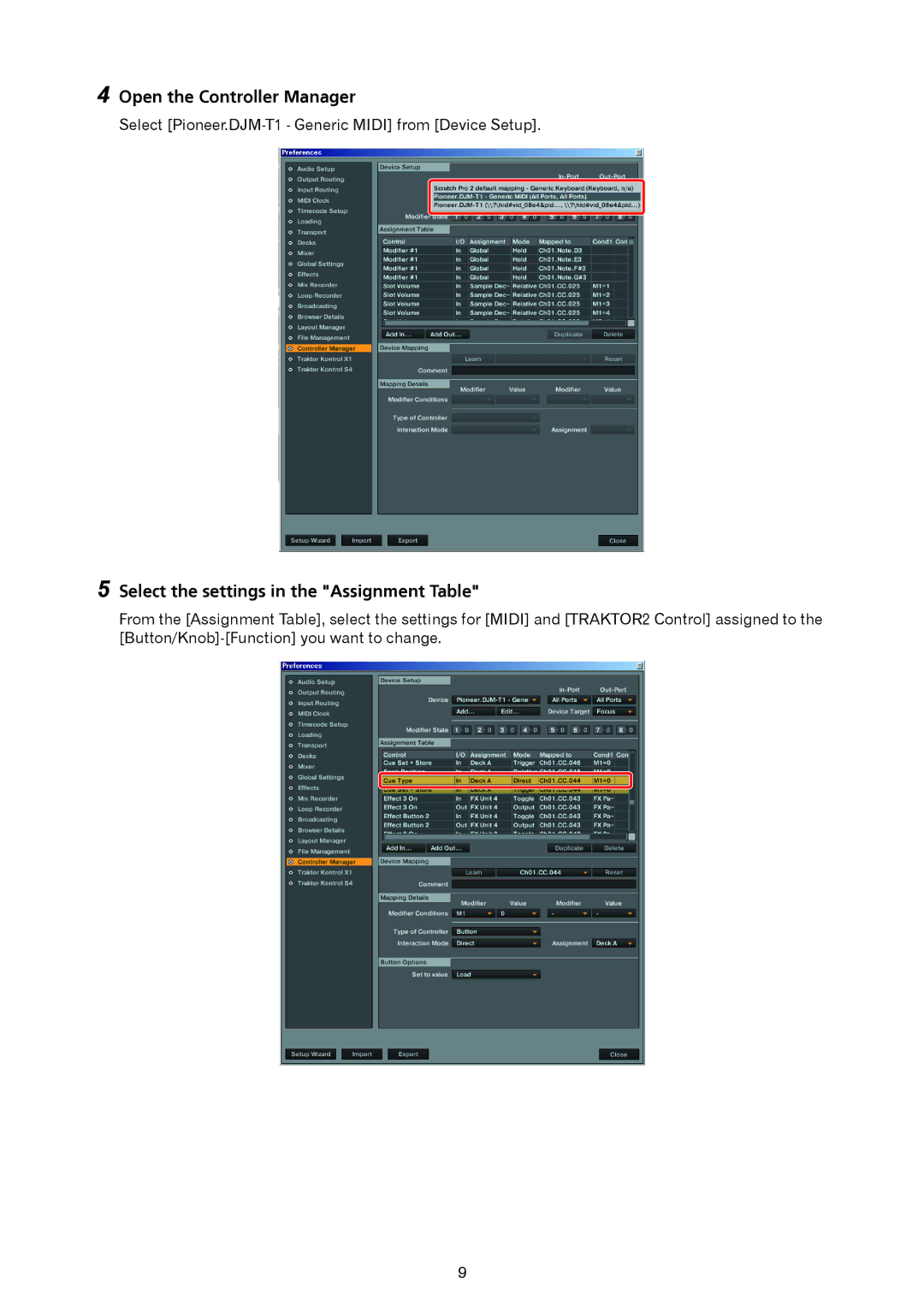 Pioneer DJ Mixer manual Open the Controller Manager, Select the settings in the Assignment Table 