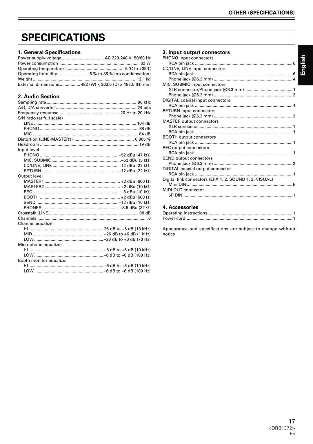 Pioneer DJM-1000 operating instructions Other Specifications 