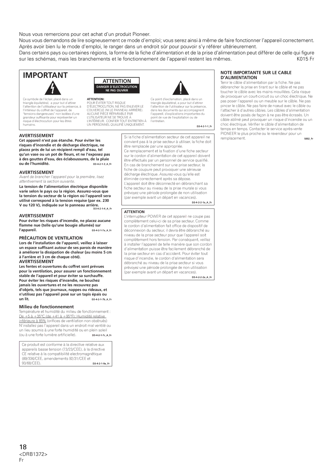 Pioneer DJM-1000 operating instructions K015 Fr, Milieu de fonctionnement 