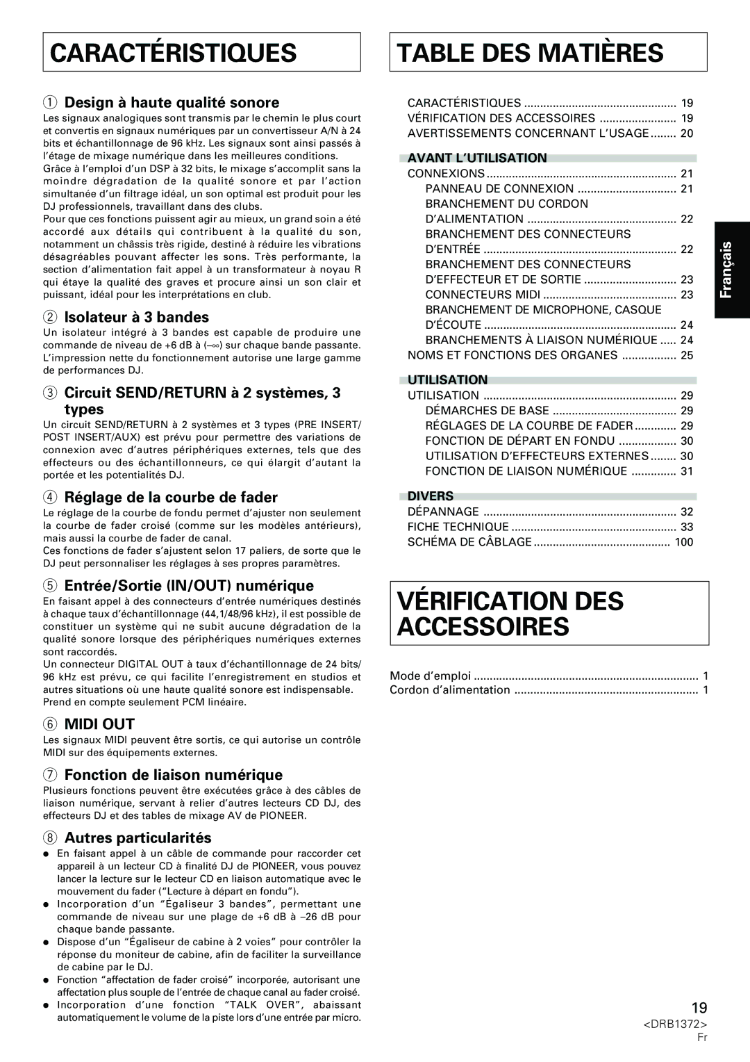 Pioneer DJM-1000 operating instructions Caractéristiques, Table DES Matières, Vérification DES Accessoires 