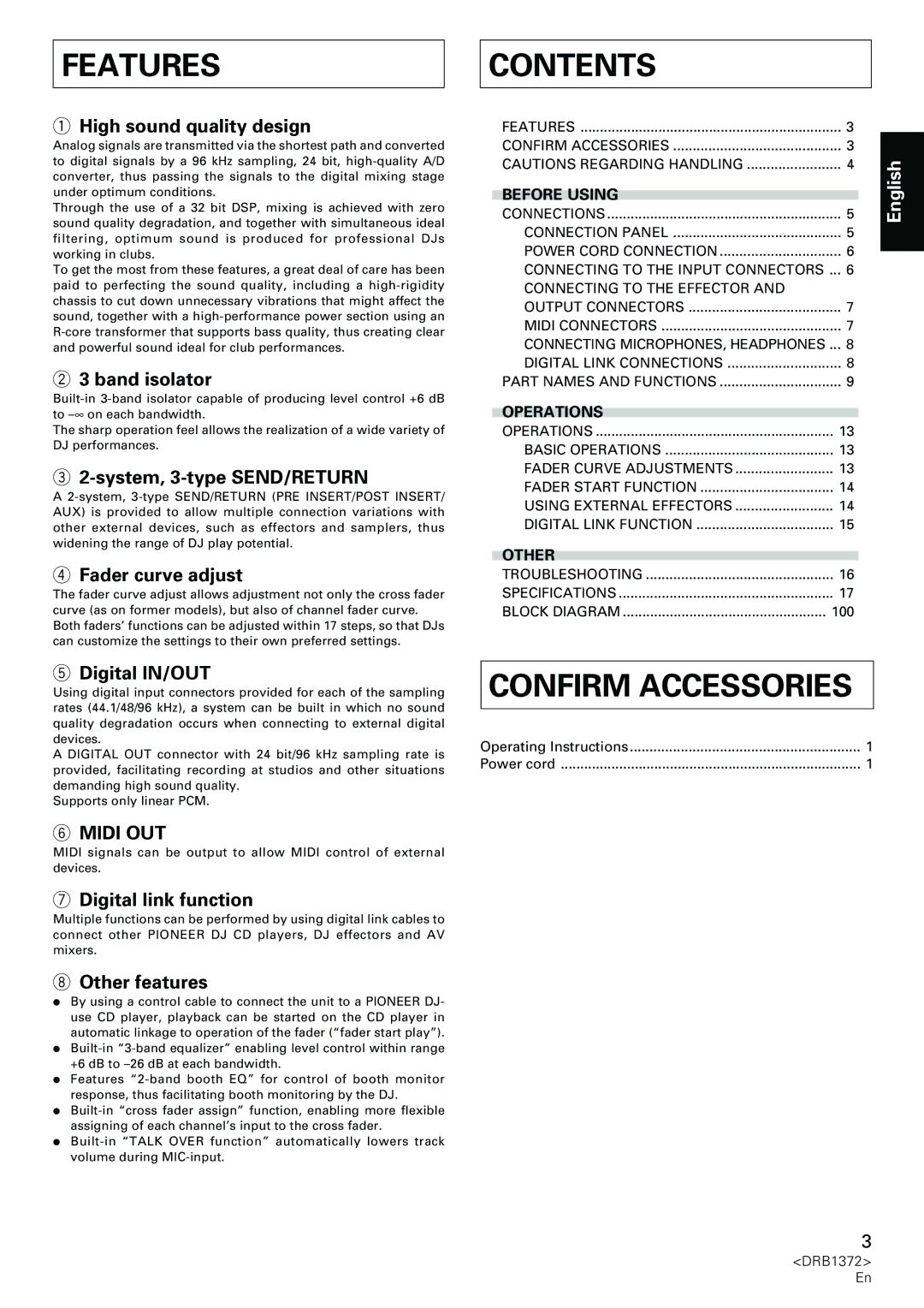 Pioneer DJM-1000 operating instructions Features, Contents, Confirm Accessories 