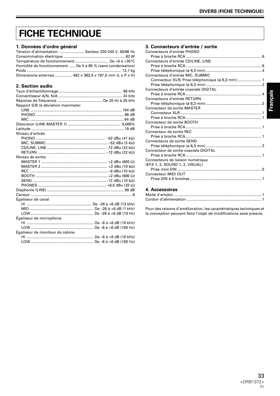 Pioneer DJM-1000 operating instructions Divers Fiche Technique 