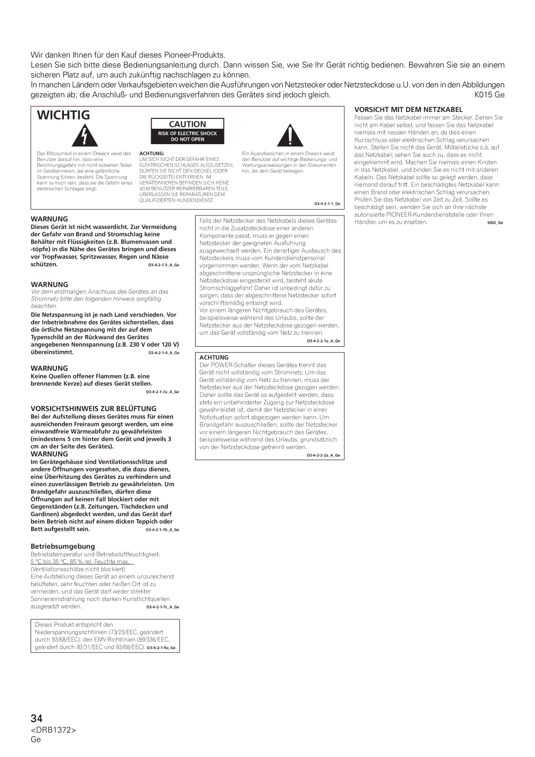 Pioneer DJM-1000 operating instructions Wichtig, Betriebsumgebung 