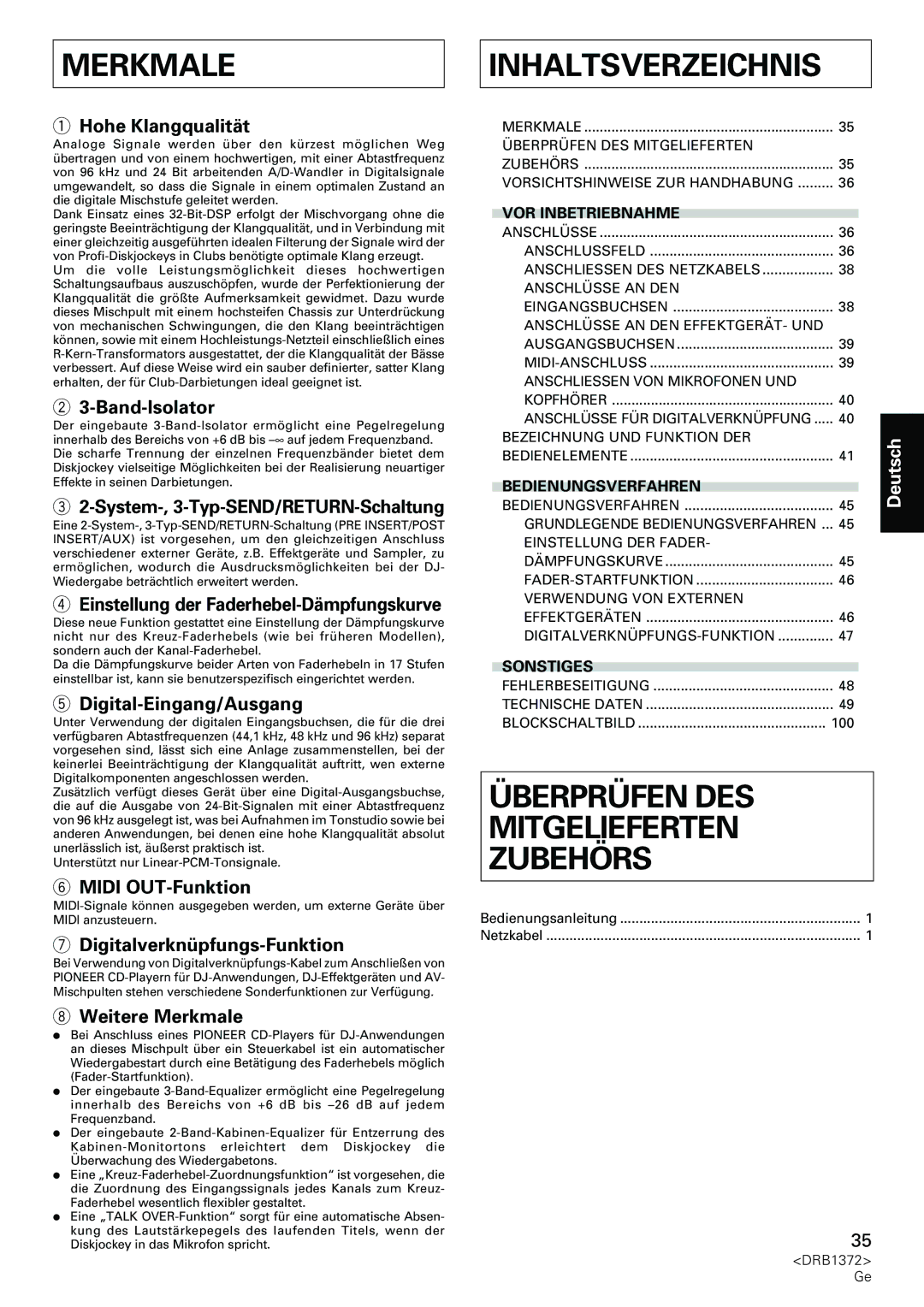 Pioneer DJM-1000 operating instructions Merkmale, Inhaltsverzeichnis 