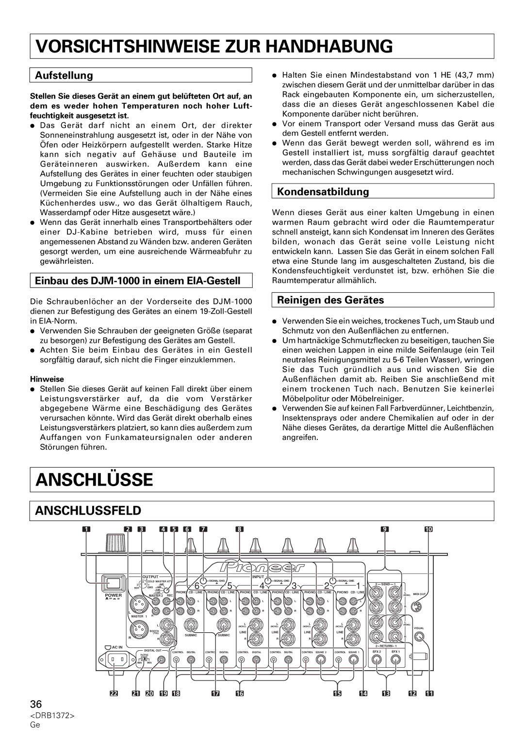 Pioneer DJM-1000 operating instructions Vorsichtshinweise ZUR Handhabung, Anschlüsse, Anschlussfeld 