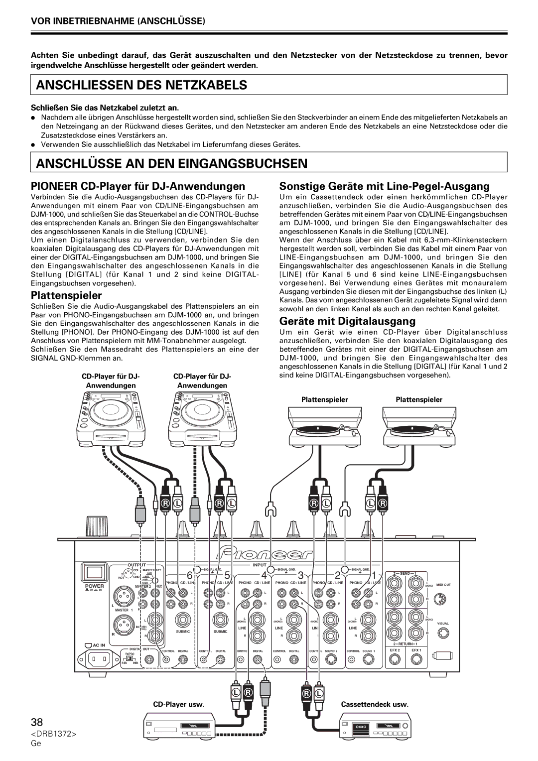 Pioneer DJM-1000 operating instructions Anschliessen DES Netzkabels, Anschlüsse AN DEN Eingangsbuchsen 