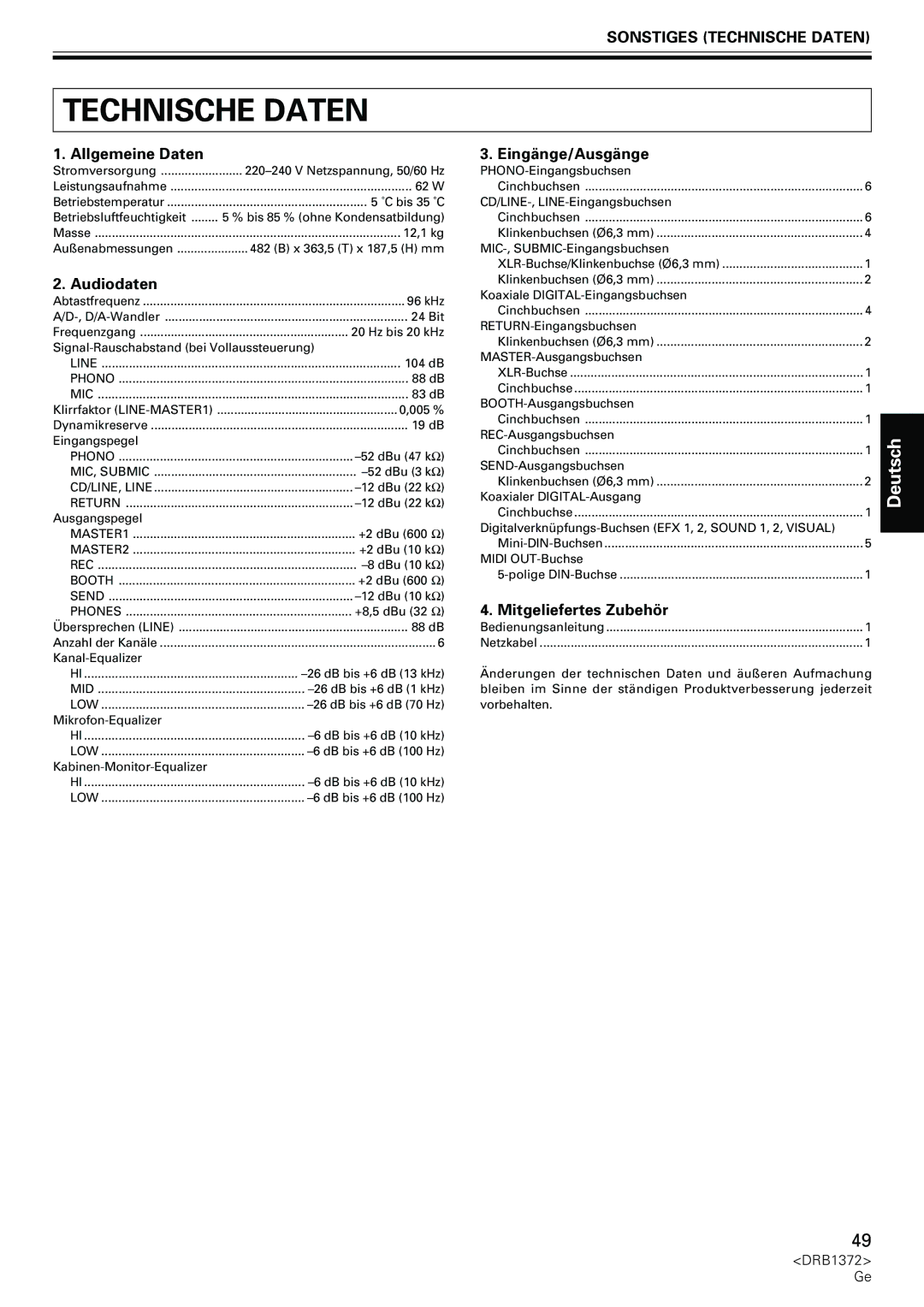 Pioneer DJM-1000 operating instructions Sonstiges Technische Daten 