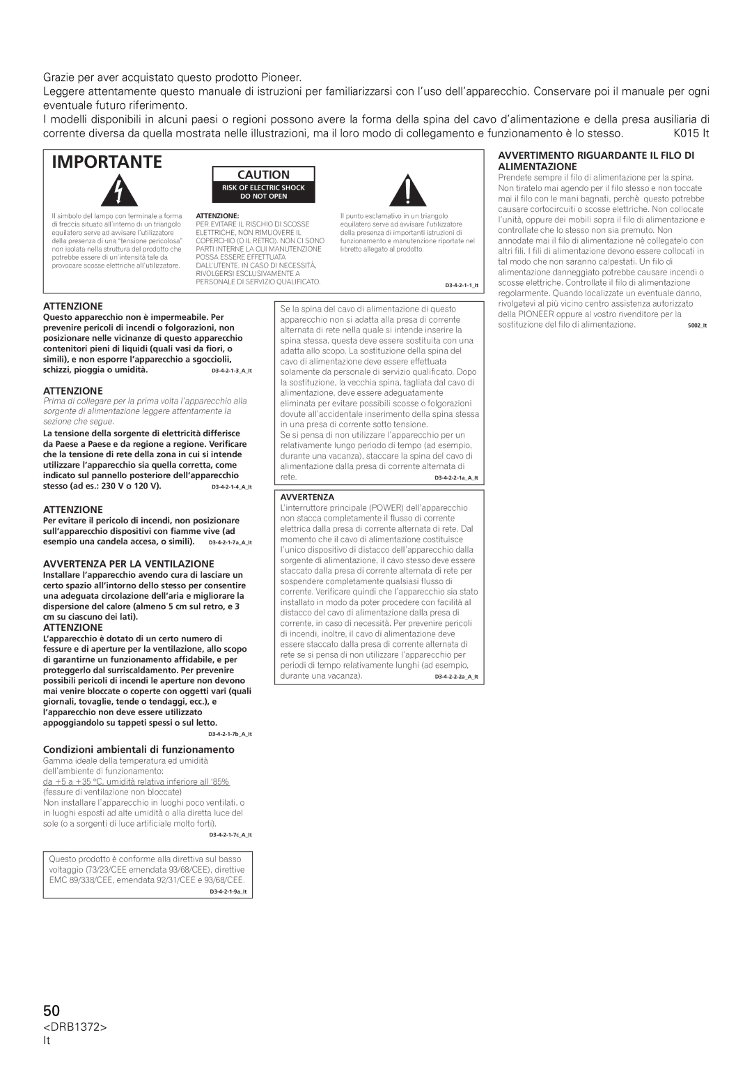 Pioneer DJM-1000 operating instructions Importante, Condizioni ambientali di funzionamento 