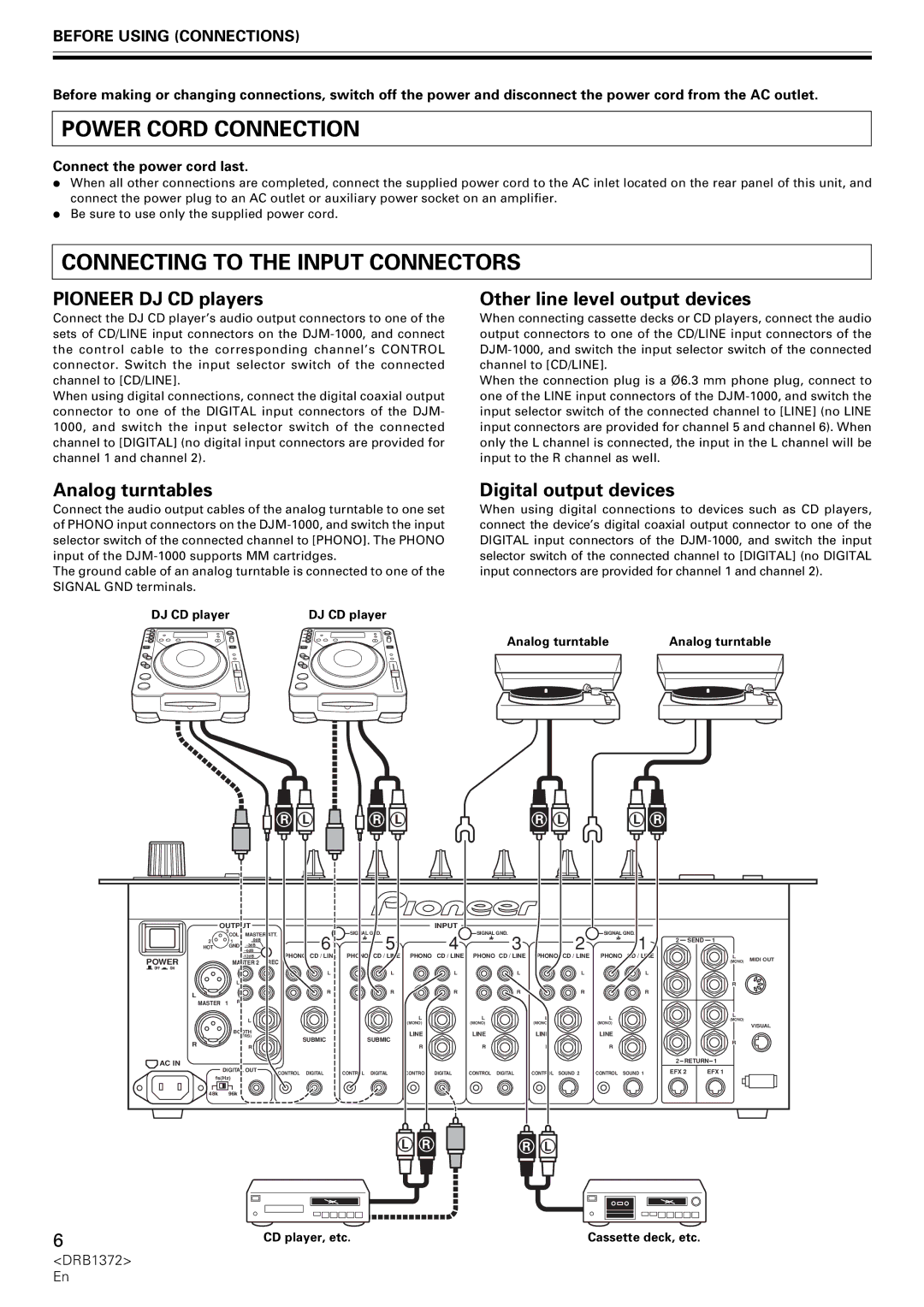 Pioneer DJM-1000 operating instructions Power Cord Connection, Connecting to the Input Connectors 