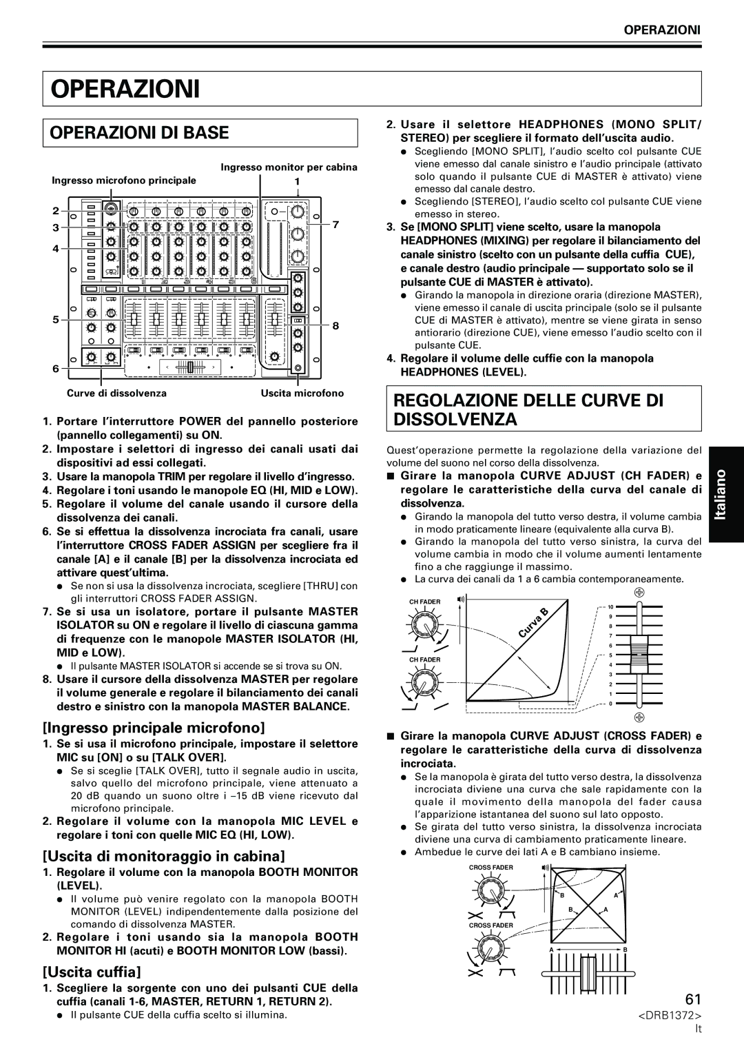 Pioneer DJM-1000 operating instructions Operazioni DI Base, Regolazione Delle Curve DI Dissolvenza 