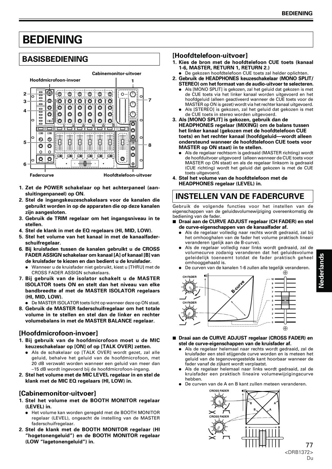 Pioneer DJM-1000 operating instructions Bediening, Basisbediening, Instellen VAN DE Fadercurve 