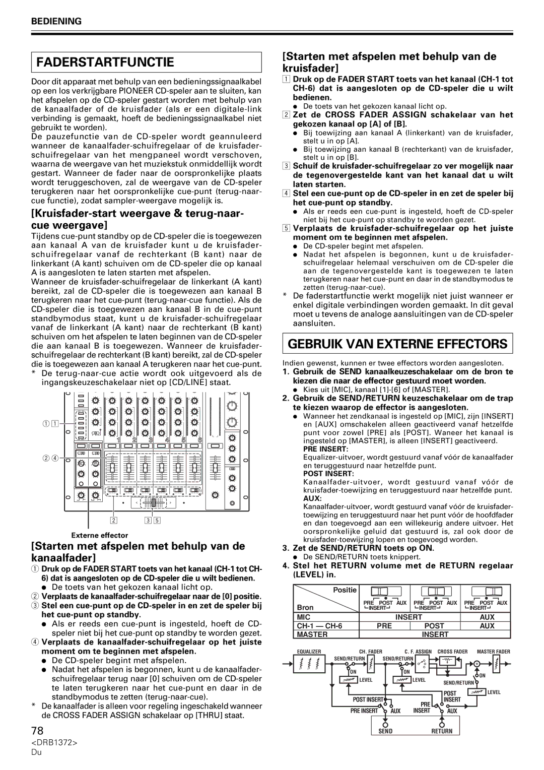 Pioneer DJM-1000 Faderstartfunctie, Gebruik VAN Externe Effectors, Kruisfader-start weergave & terug-naar- cue weergave 