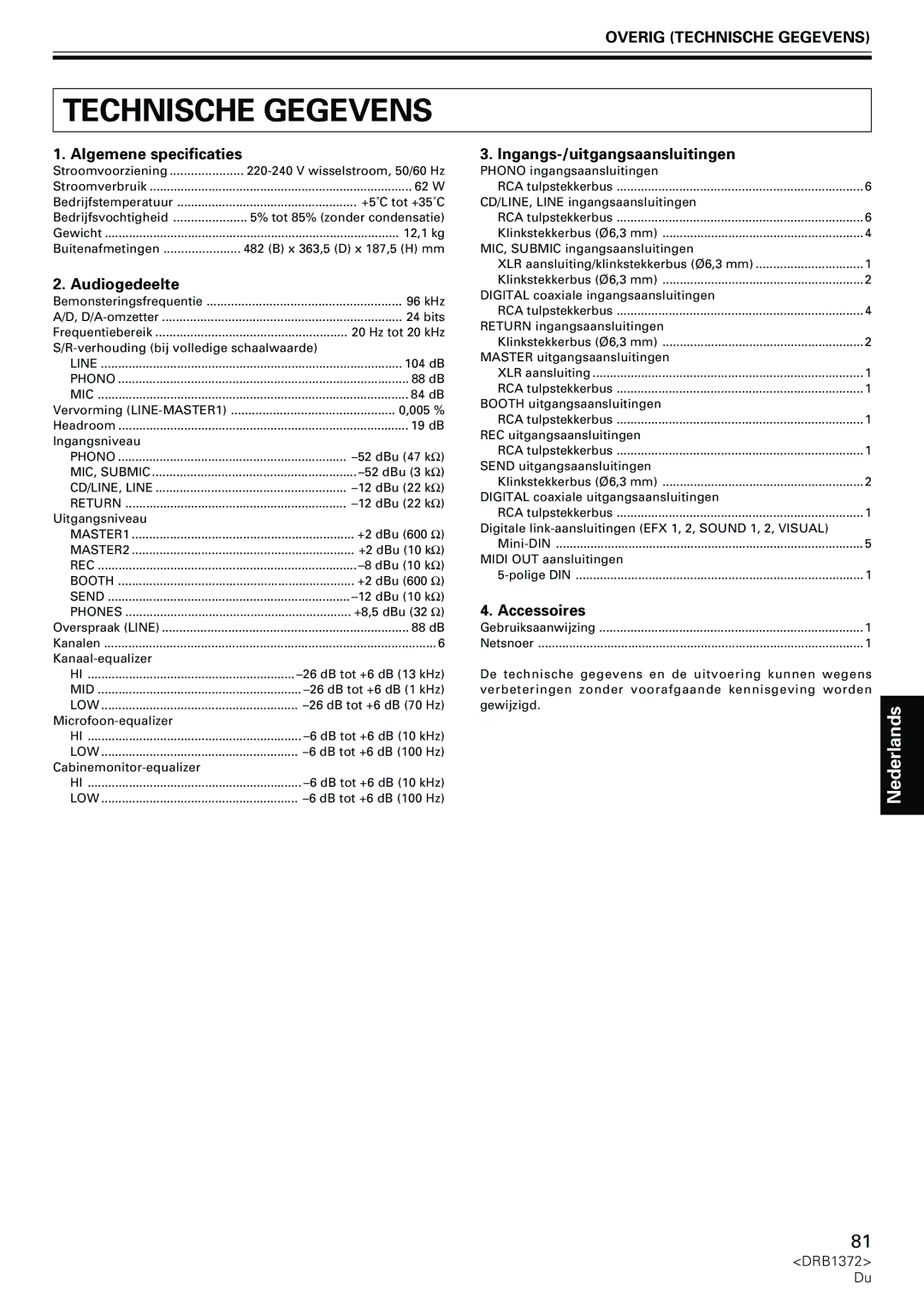 Pioneer DJM-1000 Overig Technische Gegevens, Algemene specificaties, Audiogedeelte, Ingangs-/uitgangsaansluitingen 