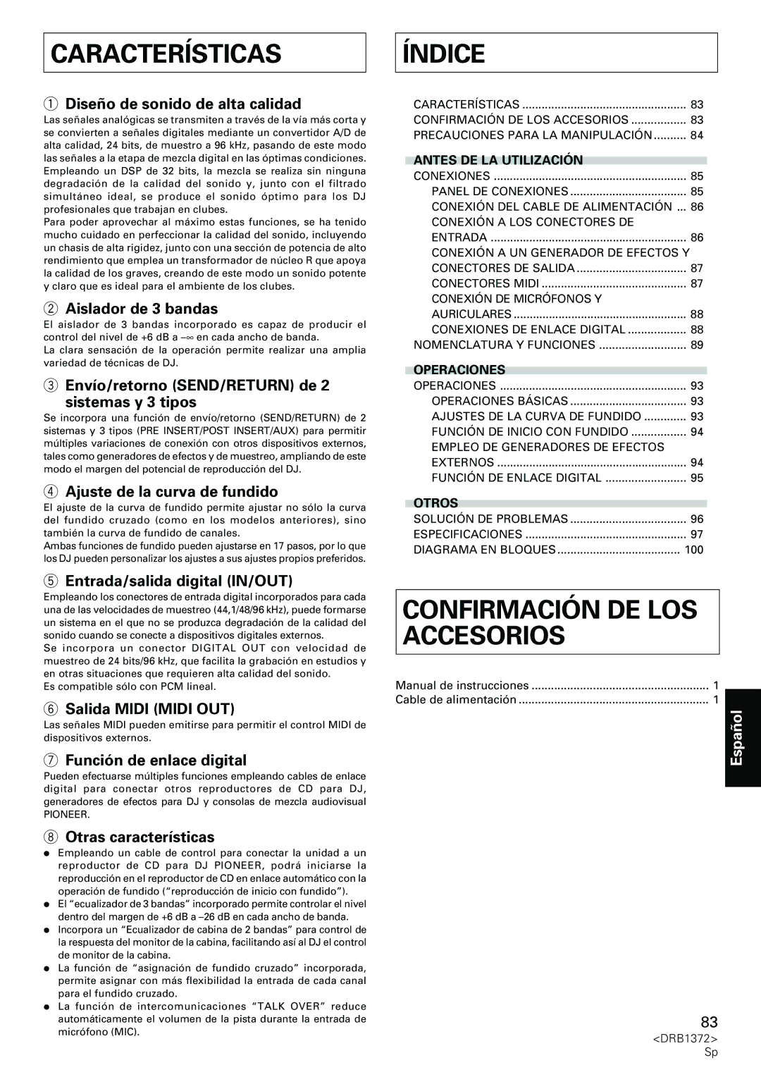 Pioneer DJM-1000 operating instructions Características, Índice, Confirmación DE LOS Accesorios 