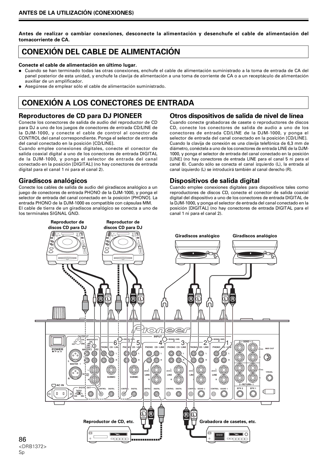 Pioneer DJM-1000 operating instructions Conexión DEL Cable DE Alimentación, Conexión a LOS Conectores DE Entrada 