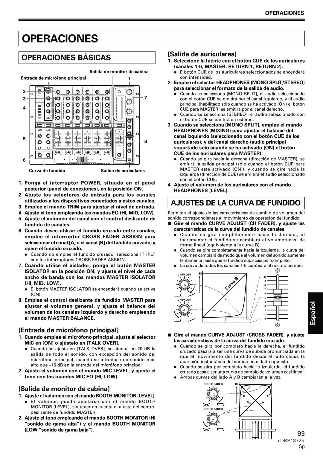 Pioneer DJM-1000 operating instructions Operaciones Básicas, Salida de auriculares, Entrada de micrófono principal 