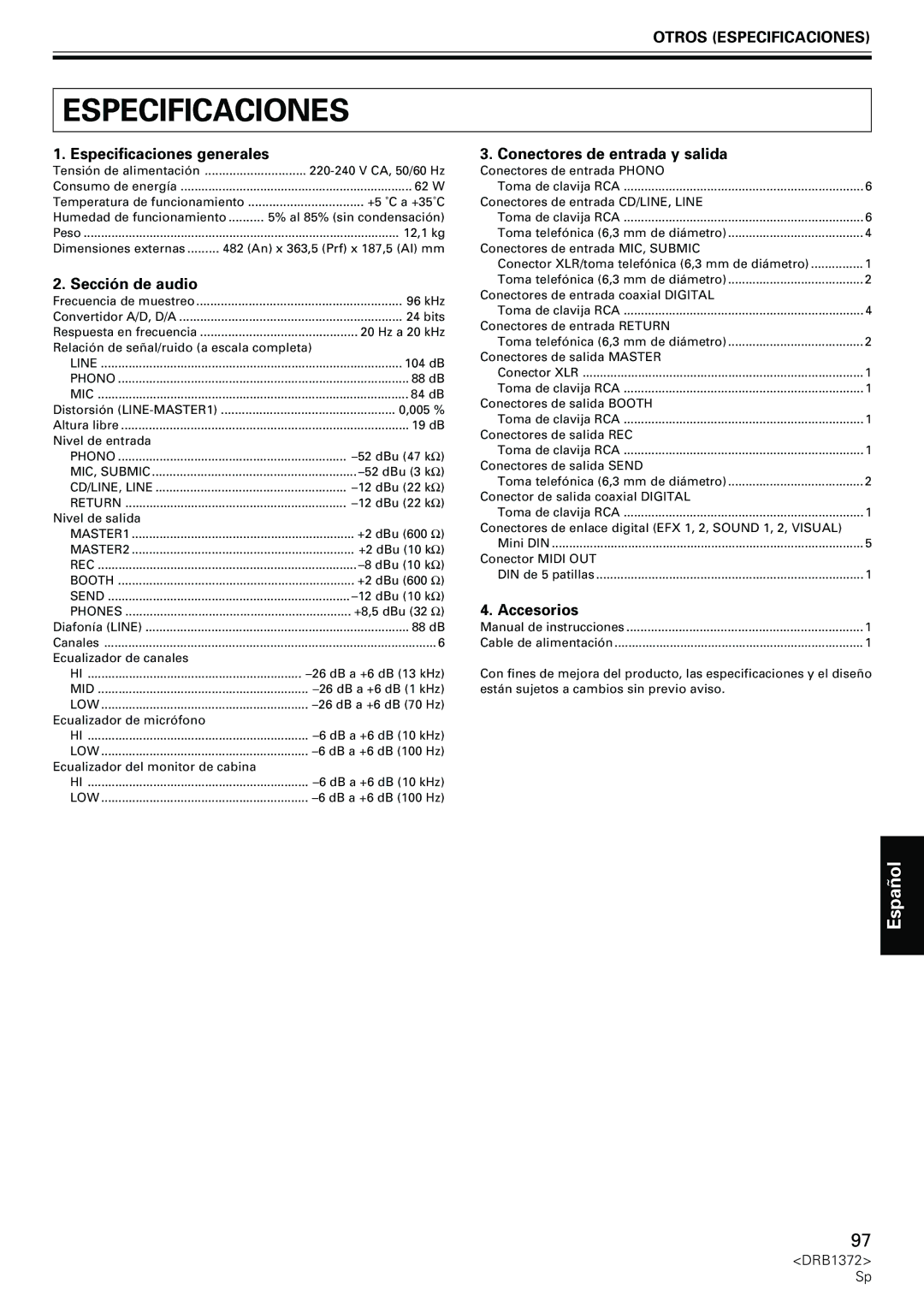 Pioneer DJM-1000 operating instructions Otros Especificaciones 