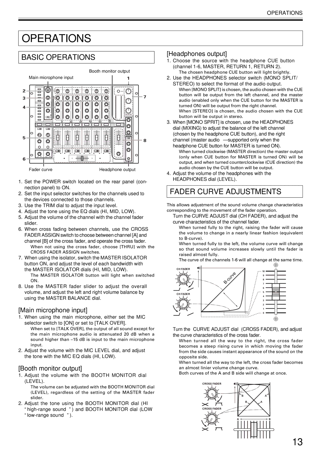 Pioneer DJM-1000 operating instructions Basic Operations, Fader Curve Adjustments 