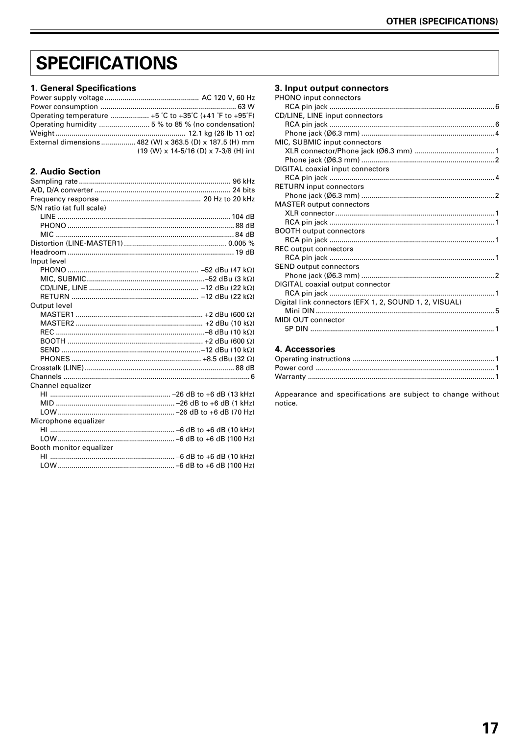 Pioneer DJM-1000 operating instructions Other Specifications 