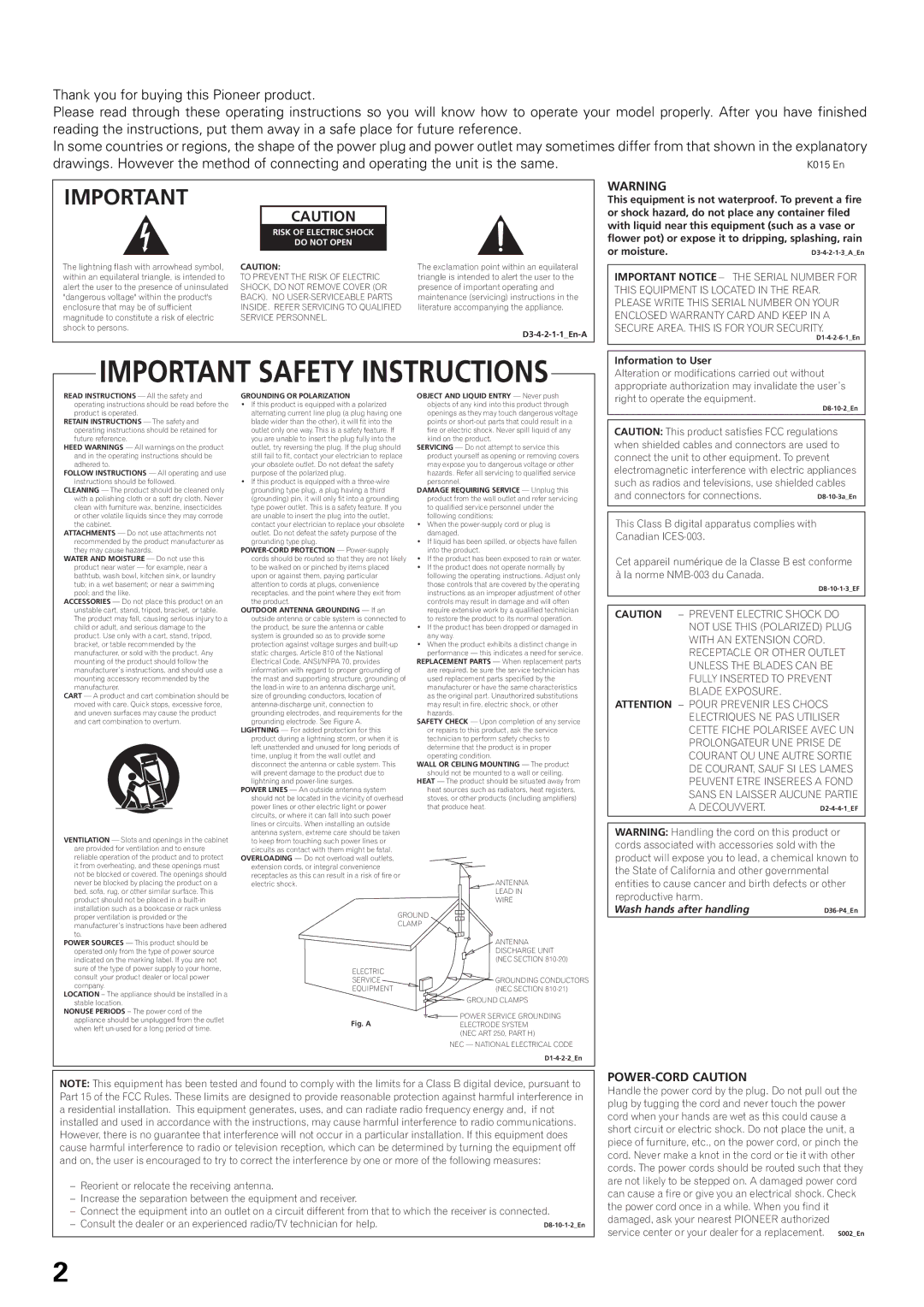 Pioneer DJM-1000 operating instructions POWER-CORD Caution 