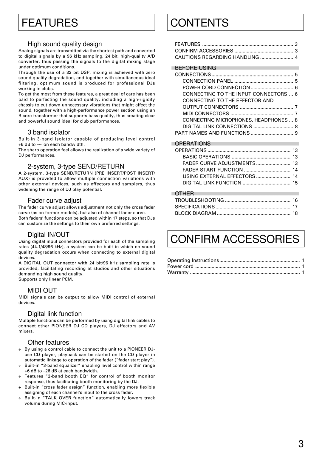 Pioneer DJM-1000 operating instructions Features, Contents, Confirm Accessories 