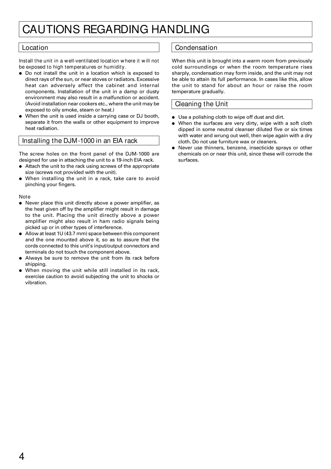 Pioneer operating instructions Location, Installing the DJM-1000 in an EIA rack, Condensation, Cleaning the Unit 