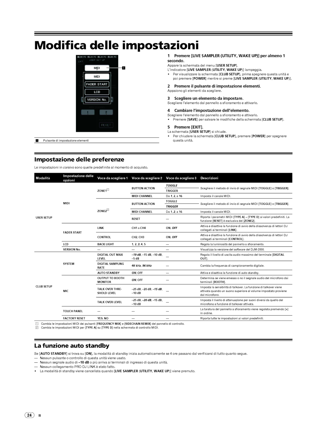 Pioneer DJM-2000 Modifica delle impostazioni, Impostazione delle preferenze, La funzione auto standby 