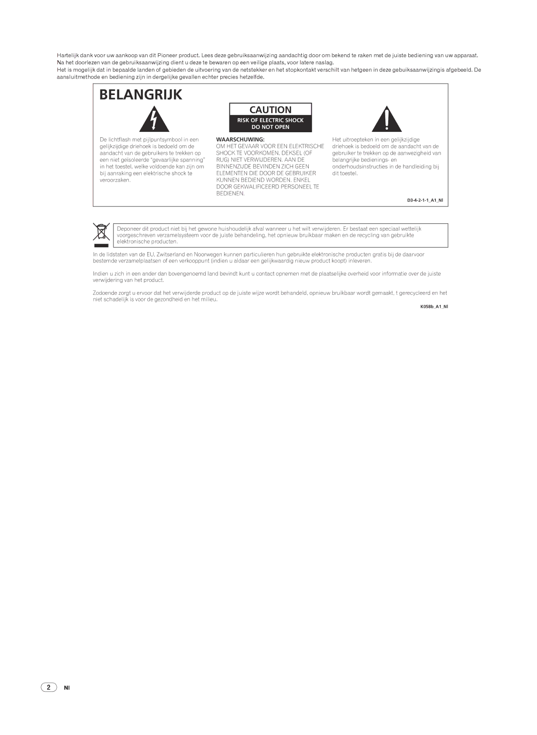 Pioneer DJM-2000 operating instructions Belangrijk 