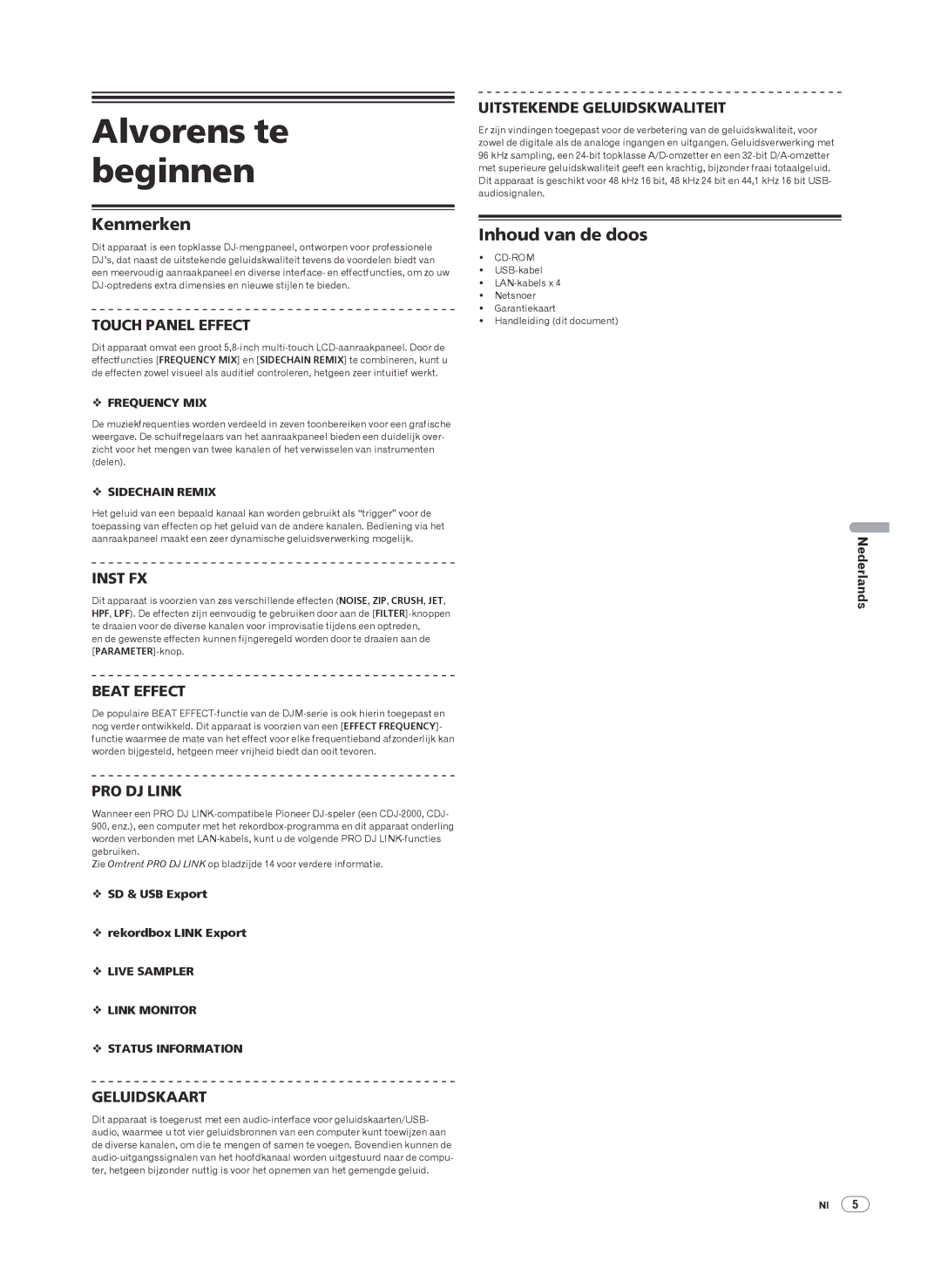 Pioneer DJM-2000 operating instructions Alvorens te beginnen, Kenmerken, Inhoud van de doos 