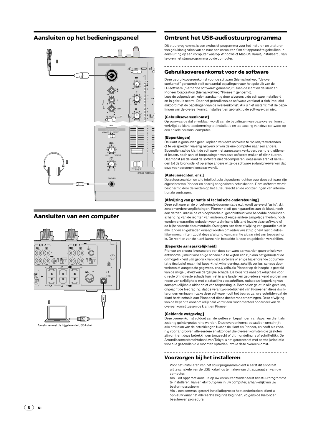 Pioneer DJM-2000 Aansluiten van een computer, Gebruiksovereenkomst voor de software, Voorzorgen bij het installeren 