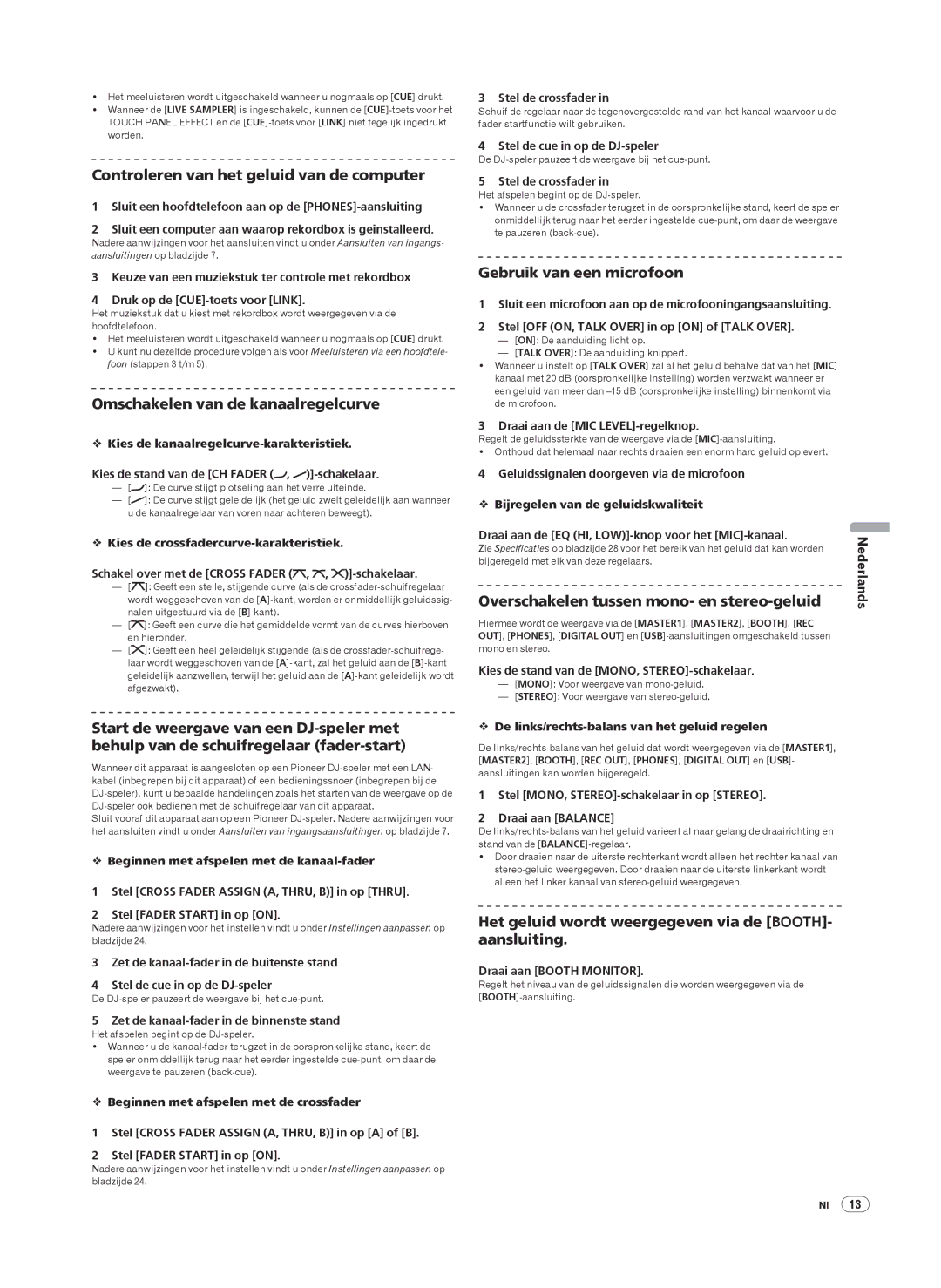 Pioneer DJM-2000 operating instructions Controleren van het geluid van de computer, Omschakelen van de kanaalregelcurve 