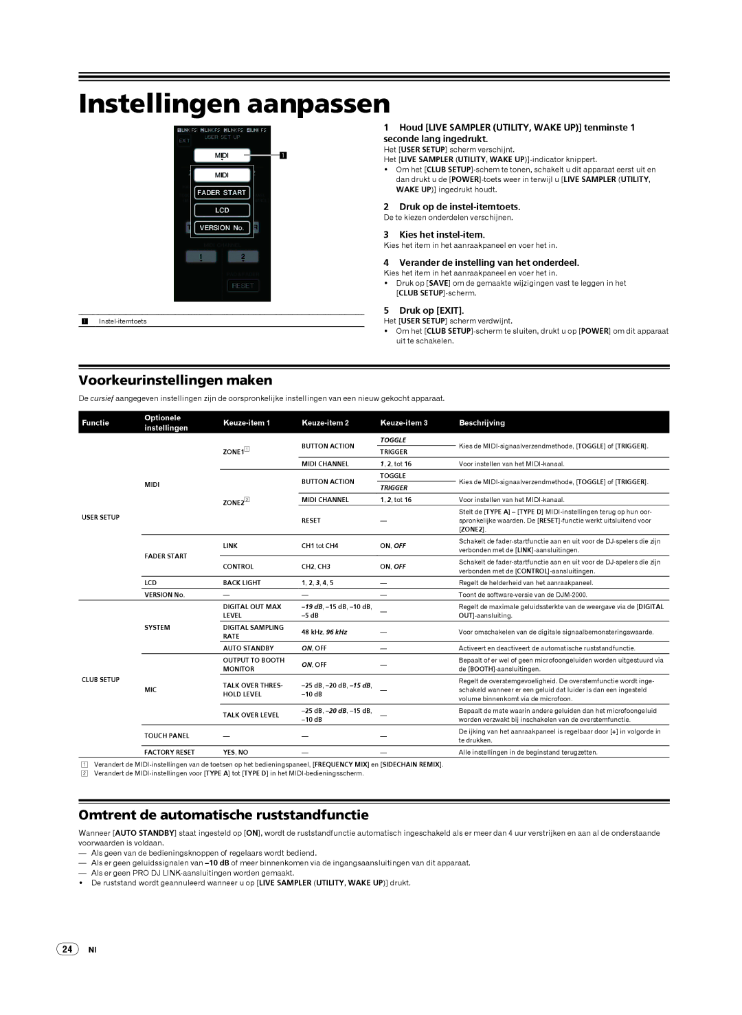 Pioneer DJM-2000 Instellingen aanpassen, Voorkeurinstellingen maken, Omtrent de automatische ruststandfunctie 