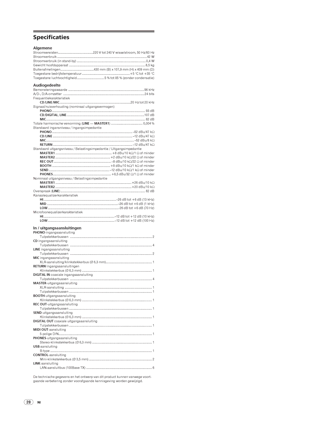 Pioneer DJM-2000 operating instructions Specificaties, Algemene, Audiogedeelte, uitgangsaansluitingen, 28 Nl 