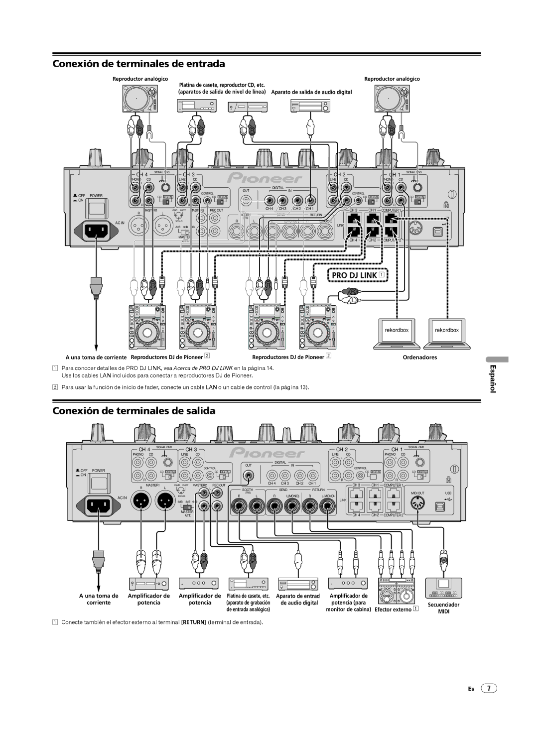 Pioneer DJM-2000 operating instructions Conexión de terminales de entrada, Conexión de terminales de salida 