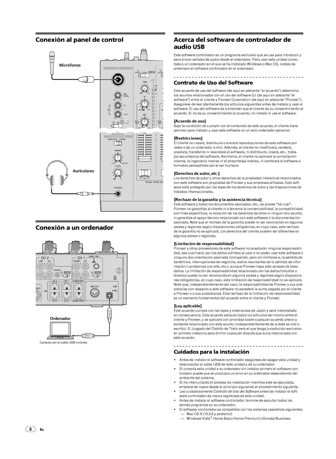 Pioneer DJM-2000 operating instructions Conexión a un ordenador, Contrato de Uso del Software, Cuidados para la instalación 