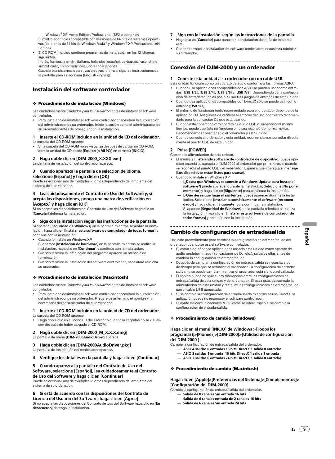 Pioneer operating instructions Instalación del software controlador, Conexión del DJM-2000 y un ordenador 