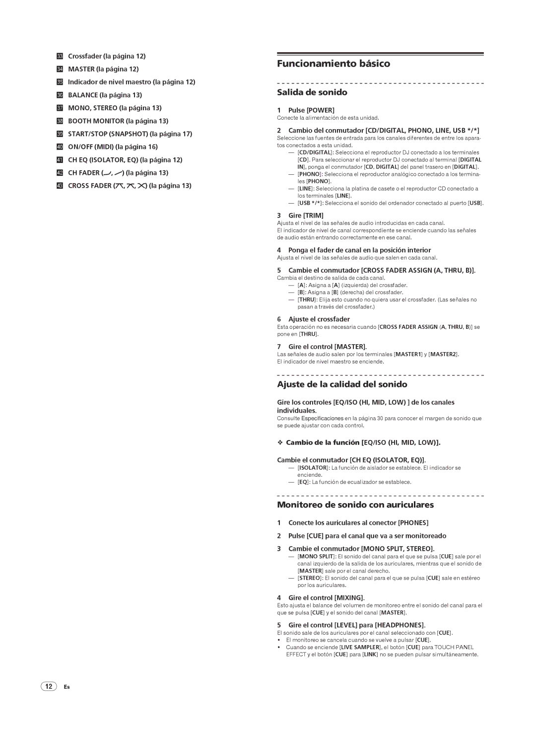 Pioneer DJM-2000 operating instructions Funcionamiento básico, Salida de sonido, Ajuste de la calidad del sonido 