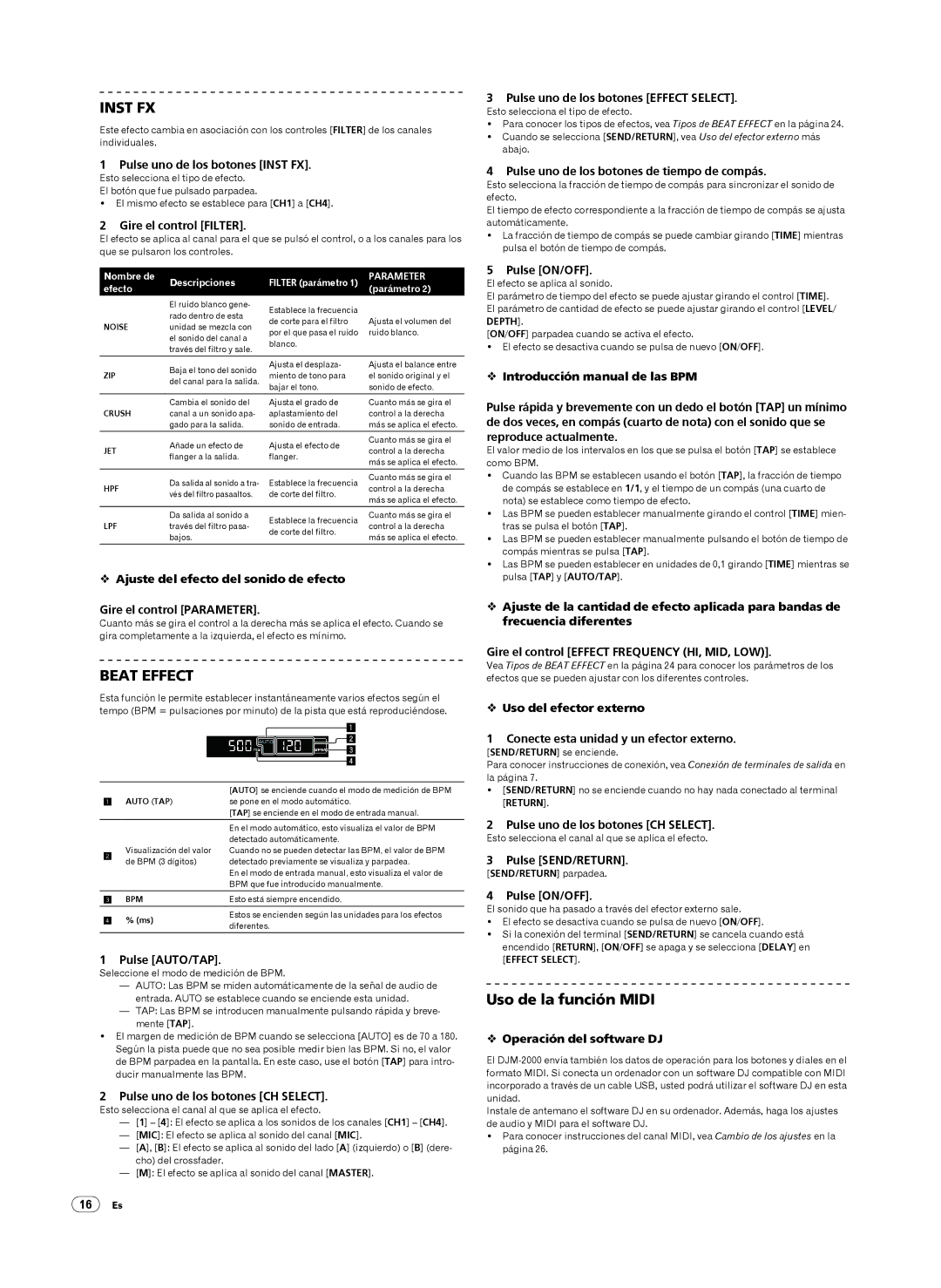 Pioneer DJM-2000 operating instructions Uso de la función Midi 