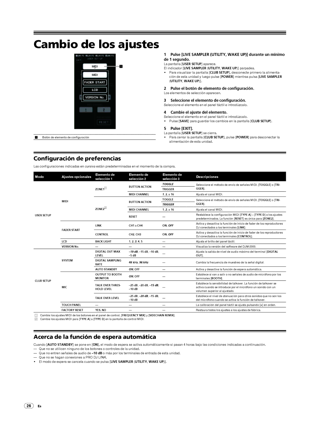 Pioneer DJM-2000 Cambio de los ajustes, Configuración de preferencias, Acerca de la función de espera automática 