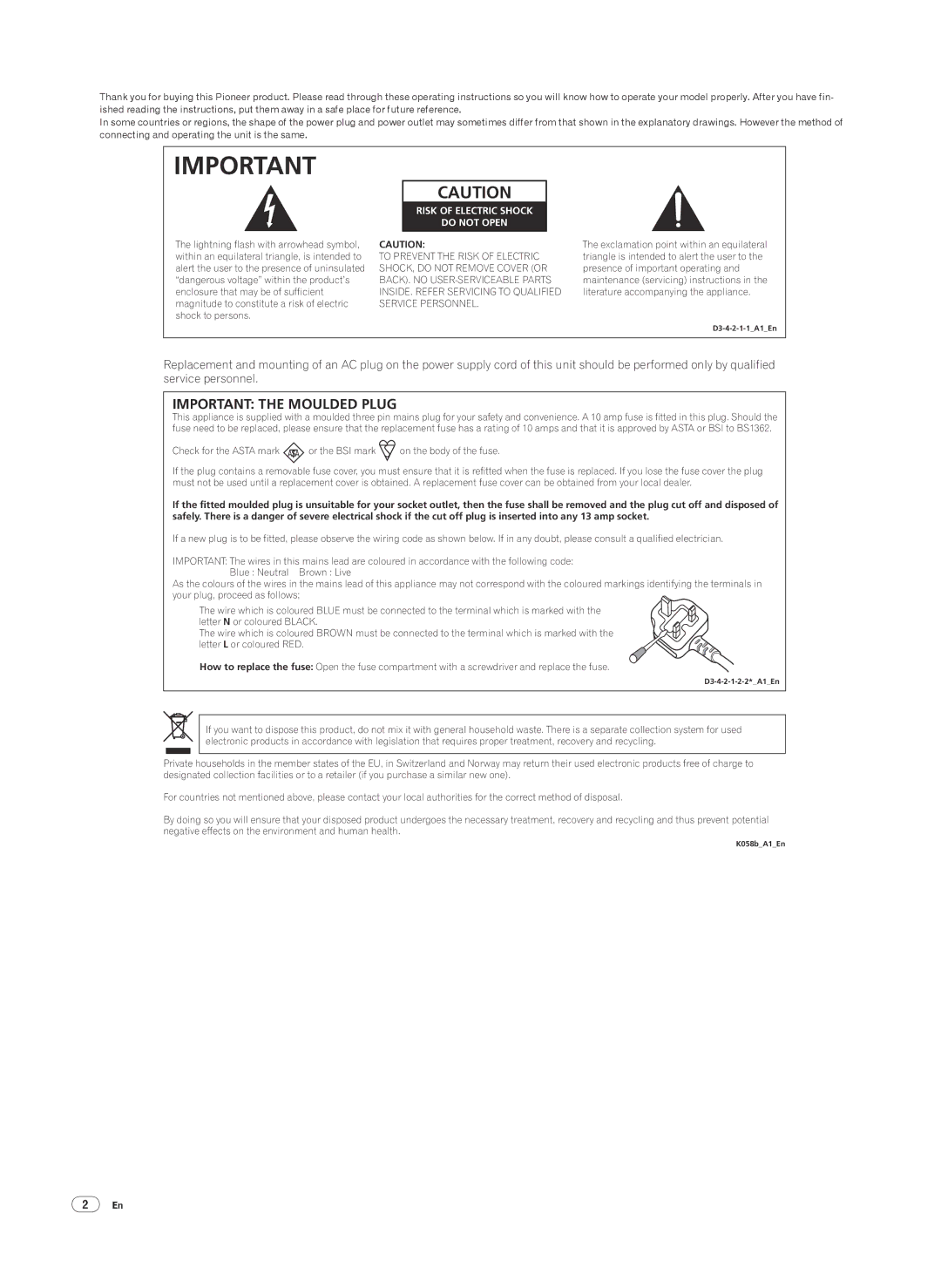 Pioneer DJM-2000 operating instructions Important the Moulded Plug 