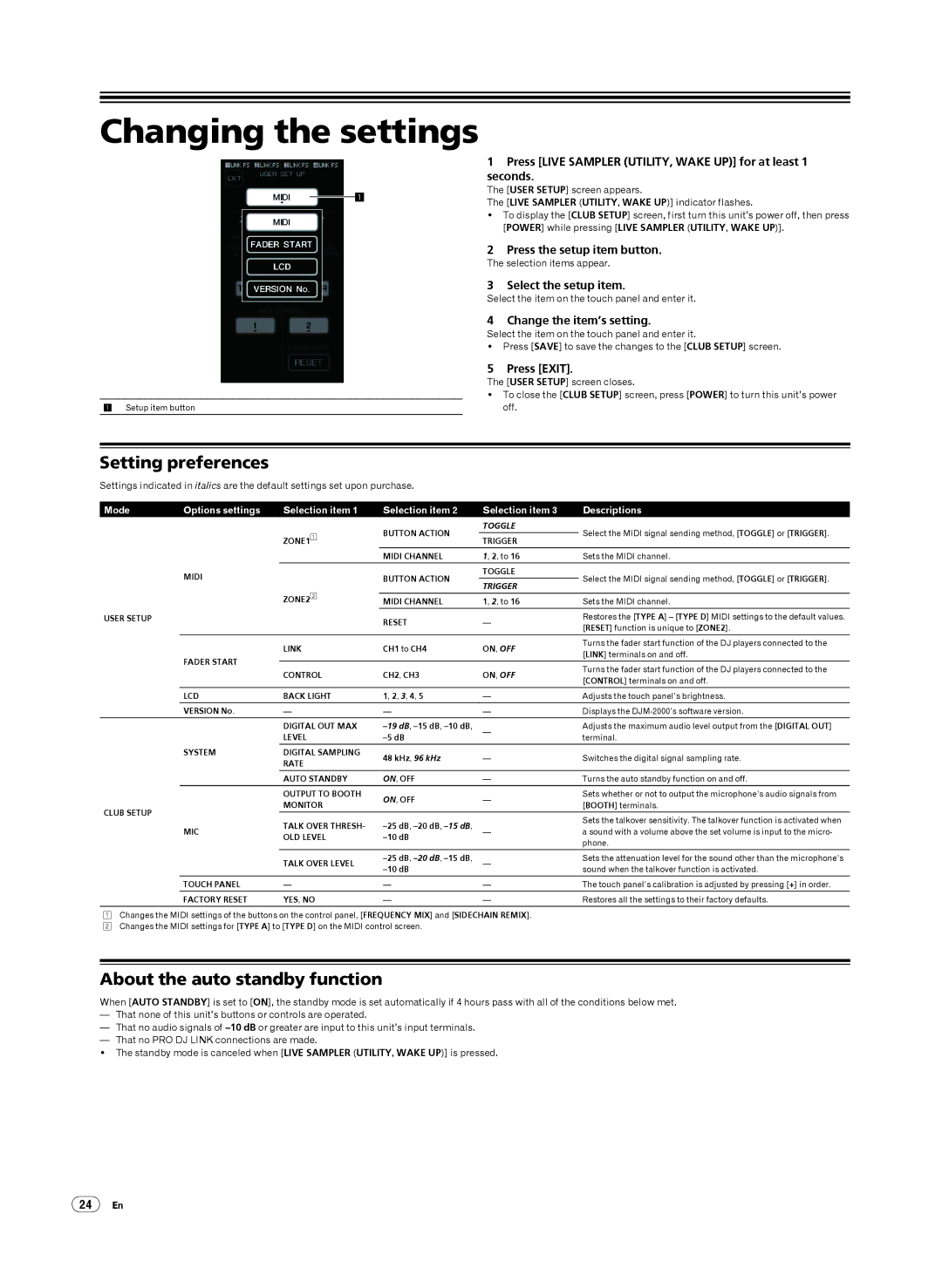 Pioneer DJM-2000 operating instructions Changing the settings, Setting preferences, About the auto standby function 