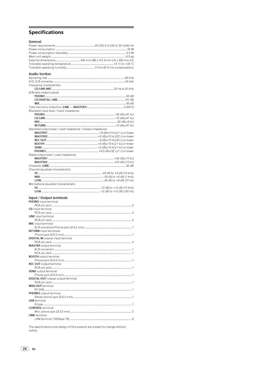 Pioneer DJM-2000 operating instructions Specifications, General, Audio Section, Input / Output terminals 