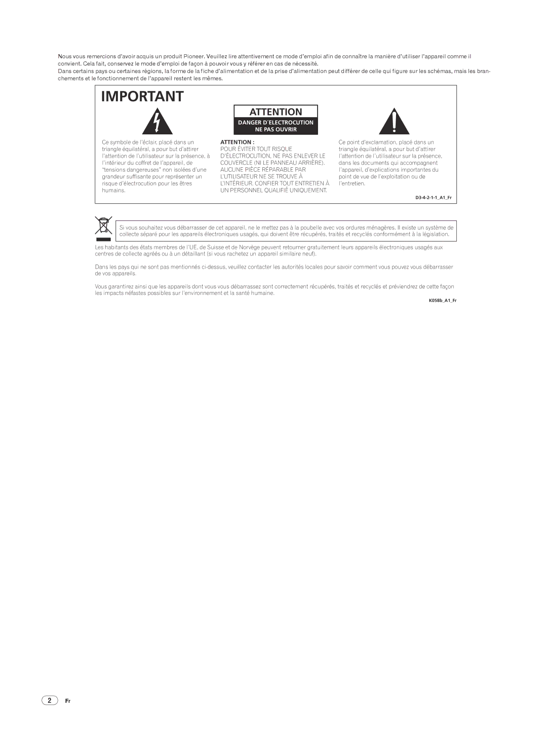 Pioneer DJM-2000 operating instructions NE PAS Ouvrir 