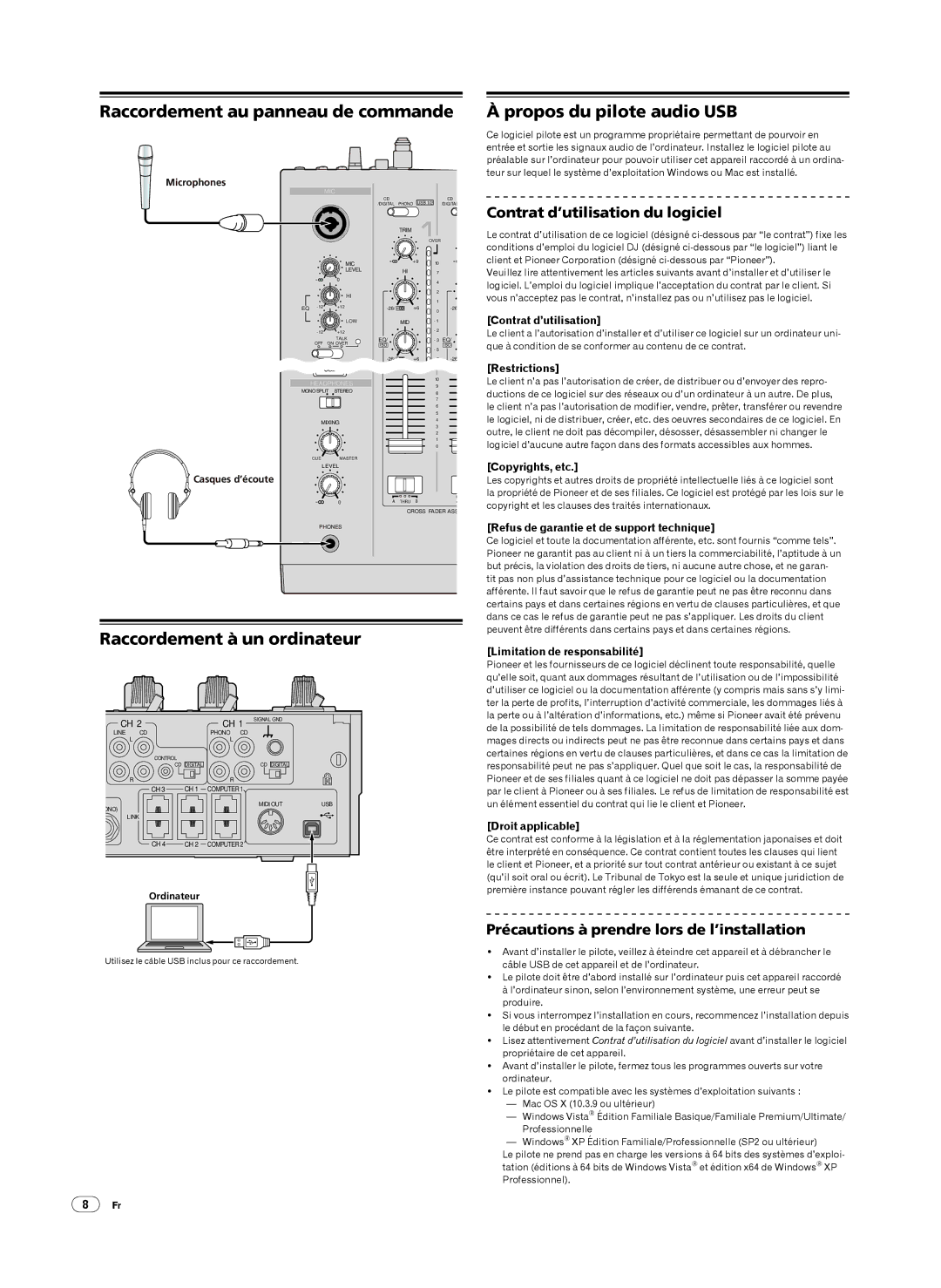 Pioneer DJM-2000 operating instructions Raccordement à un ordinateur, Contrat d’utilisation du logiciel 