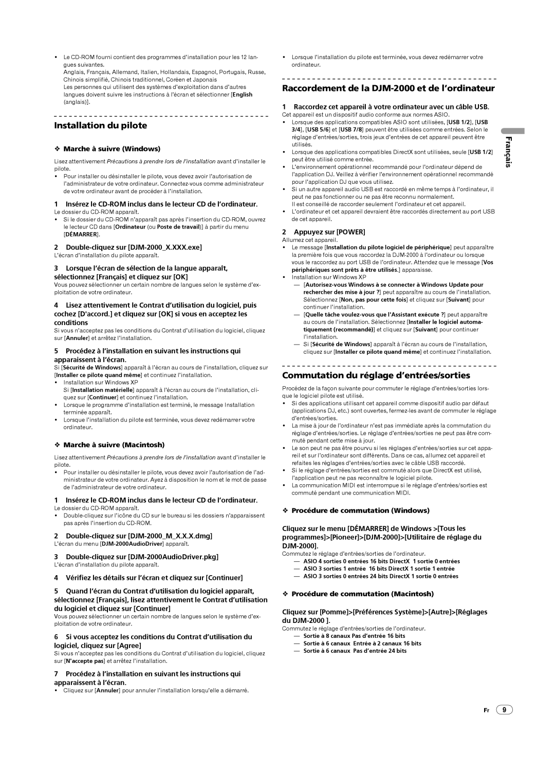 Pioneer DJM-2000 operating instructions Installation du pilote, Commutation du réglage d’entrées/sorties 