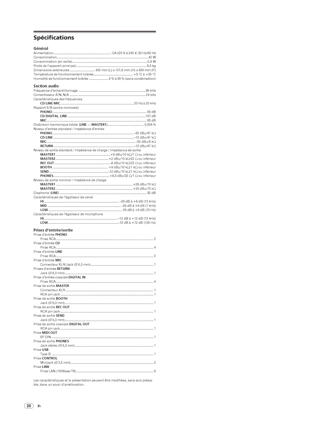 Pioneer DJM-2000 operating instructions Spécifications, Général, Section audio, Prises d’entrée/sortie 